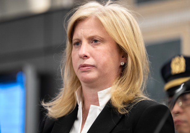 NYPD Commissioner Jessica Tisch is pictured at a press conference at the Times Square subway station in Manhattan on Friday, Oct. 10, 2025. (Barry Williams/ New York Daily News)