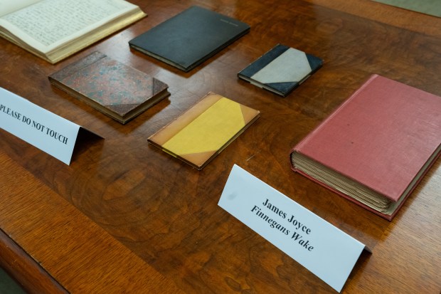 Some of the 17 books recovered including James Joyce "Finnegans Wake: are during press conference announcing the return of 17 rare books to the family of John Hay Whitney Monday, April 20, 2026 in Manhattan, New York.