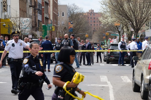 Police investigate after a 7-month-old baby girl in a stroller was fatally shot near Humboldt and Moore Sts. in East Williamsburg, Brooklyn, on Wednesday, April 1, 2026. (Gardiner Anderson / New York Daily News)