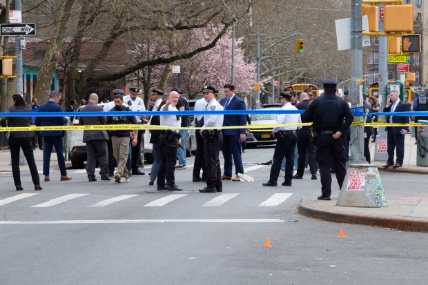 Police investigate after a 7-month-old baby girl in a stroller was fatally shot near Humboldt and Moore Sts. in East Williamsburg, Brooklyn, on Wednesday, April 1, 2026. (Gardiner Anderson / New York Daily News)