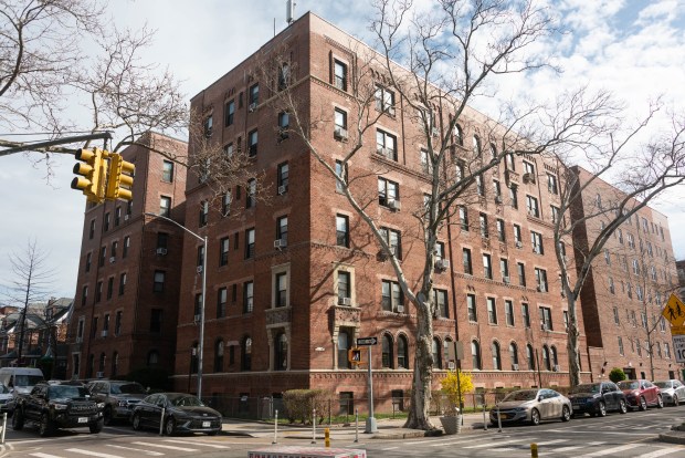 An apartment building at 33-51 84th St. in Jackson Heights, Queens, is pictured after two bodies were found inside a sixth floor apartment on Wednesday, April 1, 2026. (Gardiner Anderson / New York Daily News)