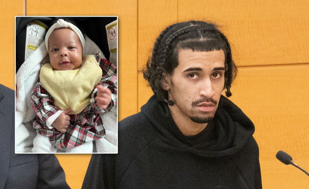 Mathew Rodriguez is arraigned at Supreme Court in Brooklyn, New York on Tuesday, April 14, 2026, after being charged in the death of Kaori Patterson-Moore (inset). (Gardiner Anderson / New York Daily News)