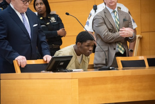 Amuri Greene is arraigned at Supreme Court in Brooklyn, New York on Wednesday, April 15, 2026 after being charged in the death of Kaori Patterson-Moore. (Gardiner Anderson / New York Daily News)