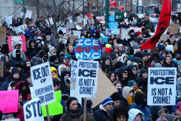ICE protestors gather in Foley Square Friday, January 30, 2026 in Manhattan, New York, New York. 