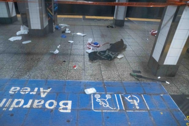 A machete is pictured (at far right) on the subway platform after cops shot and killed a man who slashed three elderly commuters on the uptown 4/5/6 subway platform inside Grand Central Terminal on E. 42nd St. near Park Ave. in Manhattan on Saturday, April 11, 2026. (Theodore Parisienne / New York Daily News)