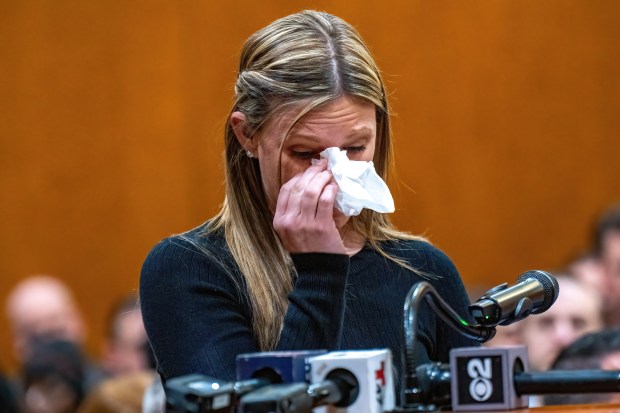 Stephanie Diller, widow of NYPD Detective Jonathan Diller, addresses the court prior to the sentencing of Guy Rivera at Queens Criminal Court in Queens on Monday, April 27, 2026.
