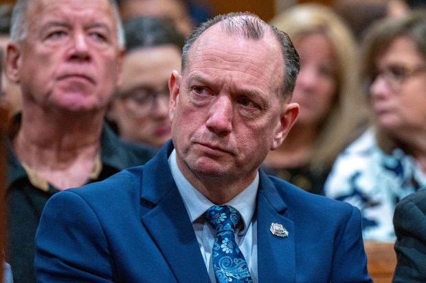 PBA President Patrick Hendry is pictured during the sentencing of Guy Rivera, convicted in the killing of NYPD Officer Jonathan Diller, at Queens Criminal Court on Monday, April 27, 2026.