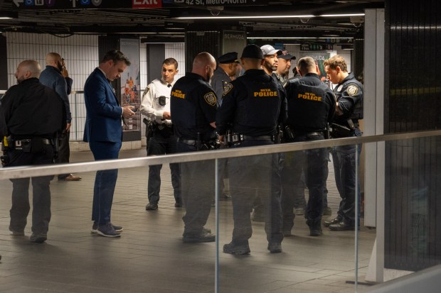 One man and one woman waiting on the number 4, 5 and 6 train platform ended up being taken to the Hospital after a man with a full size machete wounded both of them in the head and face at Grand Central Station in Manhattan on Saturday April 11, 2026. 1008. Responding Police Officers then shot the suspect before EMS rushed him to the Hospital. (Theodore Parisienne / New York Daily News)