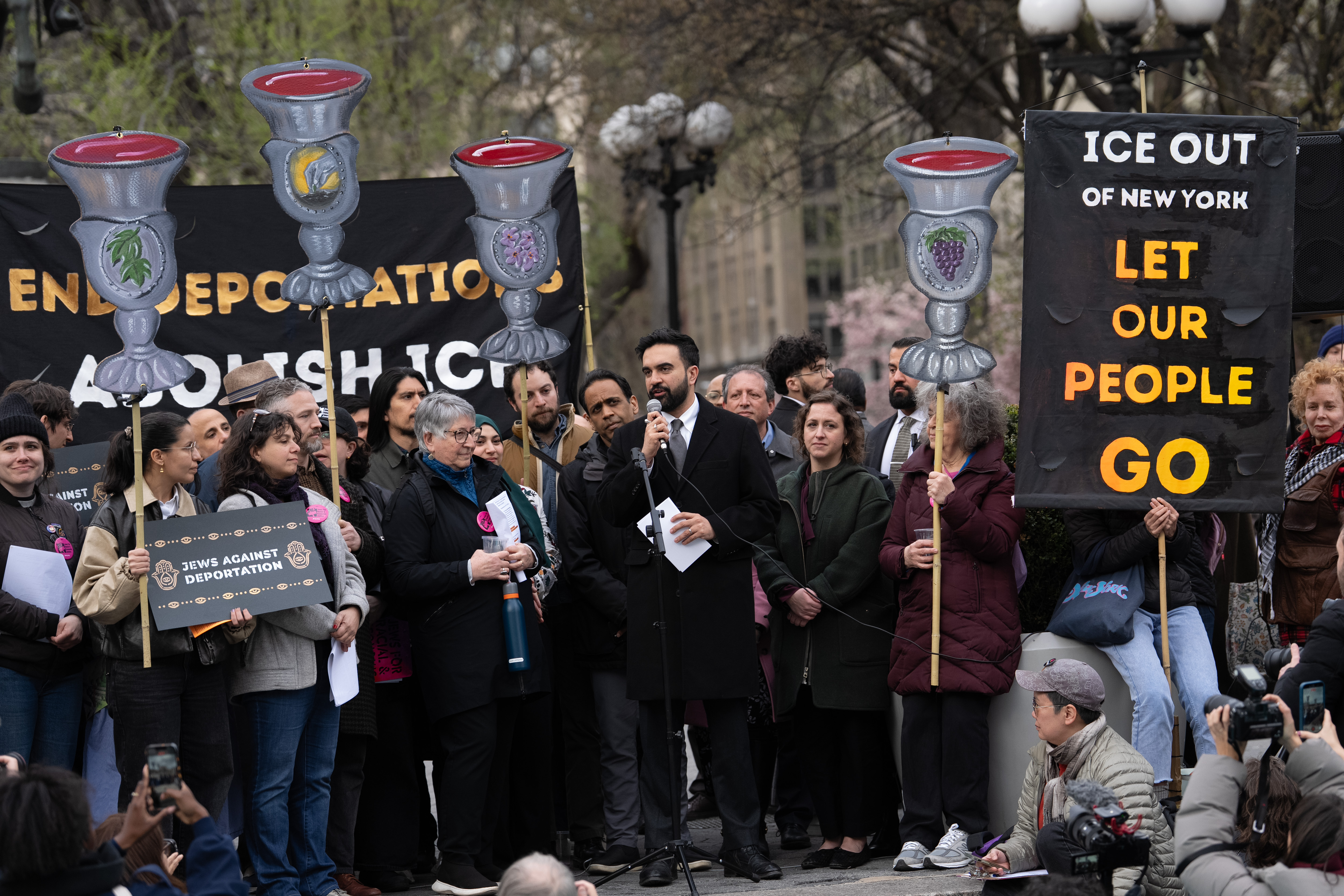 Mayor Zohran speaks during a protest organized by Jews for...