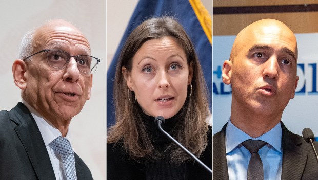 From left, First Deputy Mayor Dean Fuleihan, Mayor Mamdani's chief of staff, Elle Bisgaard-Church, and Mamdani's chief counsel Ramzi Kassem. (Barry Williams/ New York Daily News)