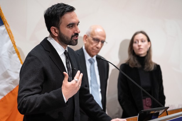 Mayor-elect Zohran Mamdani is pictured with Dean Fuleihan (center) and Elle Bisguaard-Church (right) at the Roosevelt House on the Upper East Side on Monday, Nov. 10, 2025. Mamdani appointed Fuleihan as First Deputy Mayor and Bisguarrd-Church as his Chief of Staff. (Barry Williams/ New York Daily News)