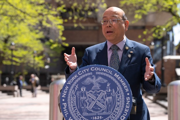 New York City Council member Phil Wong speaks during a press conference outside One Police Plaza Tuesday, April 21, 2026 in Manhattan, New York. (Barry Williams/ New York Daily News)