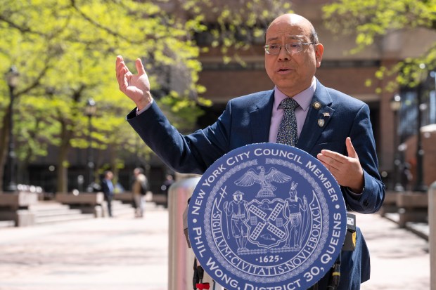 New York City Council member Phil Wong speaks during a press conference outside One Police Plaza Tuesday, April 21, 2026 in Manhattan, New York. (Barry Williams/ New York Daily News)