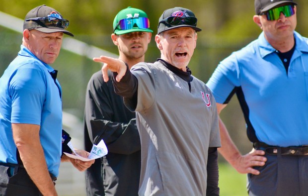 Rider coach Dr. Barry Davis goes over ground rules against Manhattan during an NCAA baseball game on Friday, April 17, 2026 at Sonny Pittaro Field in Lawrenceville. (Kyle Franko/ Trentonian Photo)