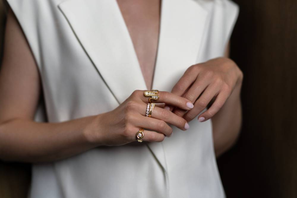 The1916Company_MelissaKaye_Daphne Joy Ring (R2509A-Y), Daphne Ring (R2503A-Y), Sadie Eternity Band 3mm (R2006E-Y), Rocky Pinky Ring Medium (R2507B-Y)
