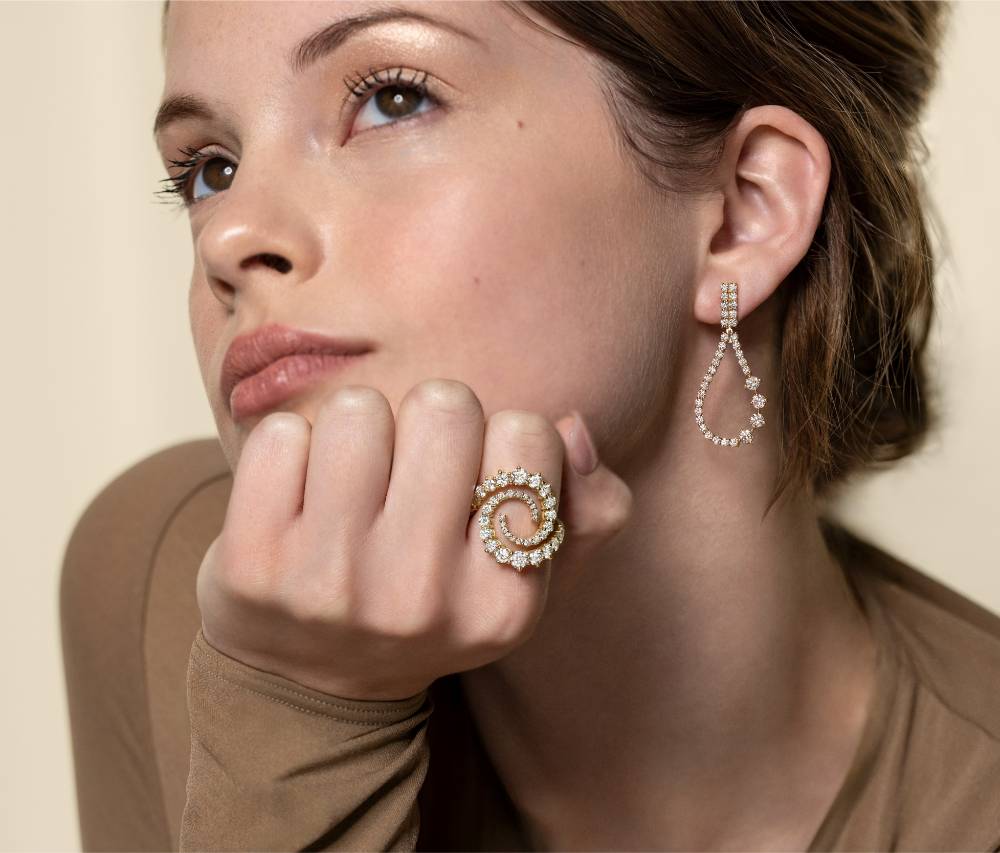 The1916Company_MelissaKaye_Stella Drop Earring Small (E2404A), Riley Ring (R2106A)