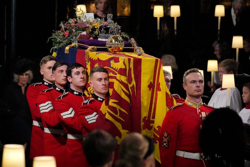 The coffin of Queen Elizabeth II during her Committal Service at St George’s Chapel in Windsor