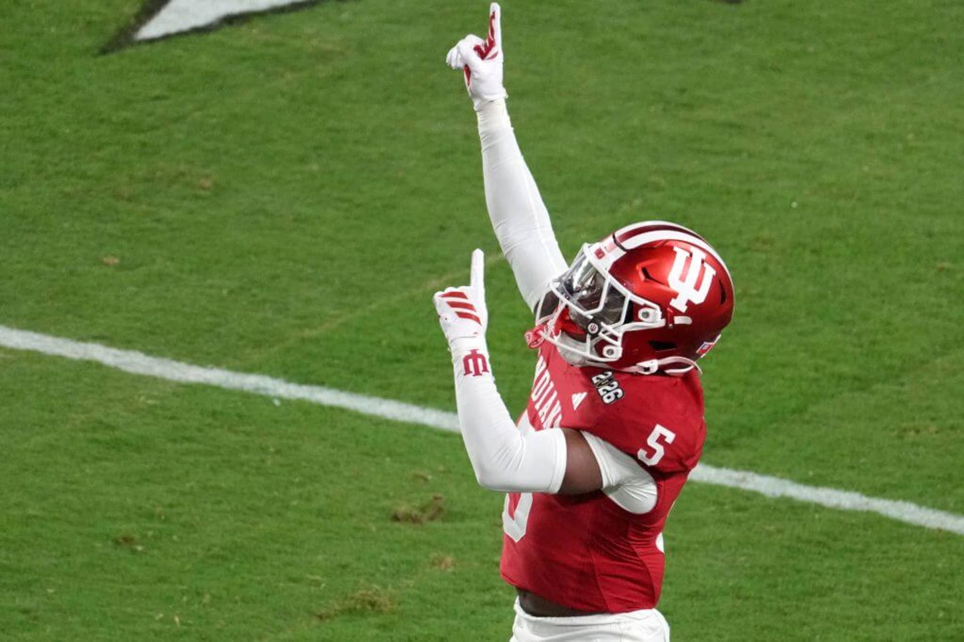 Indiana defensive back D'Angelo Ponds points in the air.