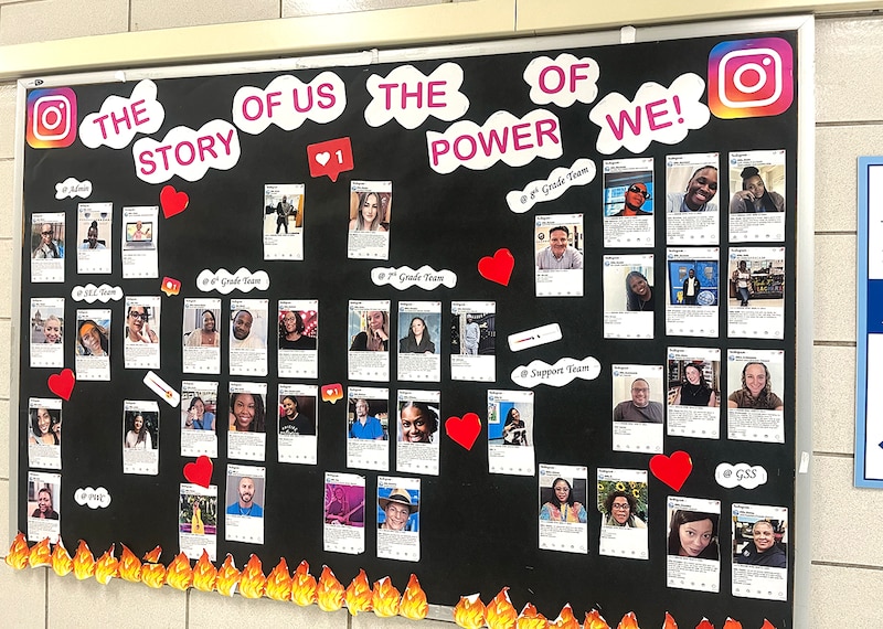 Photos hang on a bulletin board.