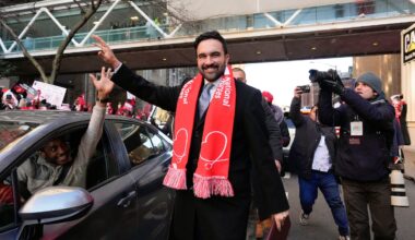 New York Mayor Zohran Mamdani arrives as nurses strike outside New York-Presbyterian Hospital.