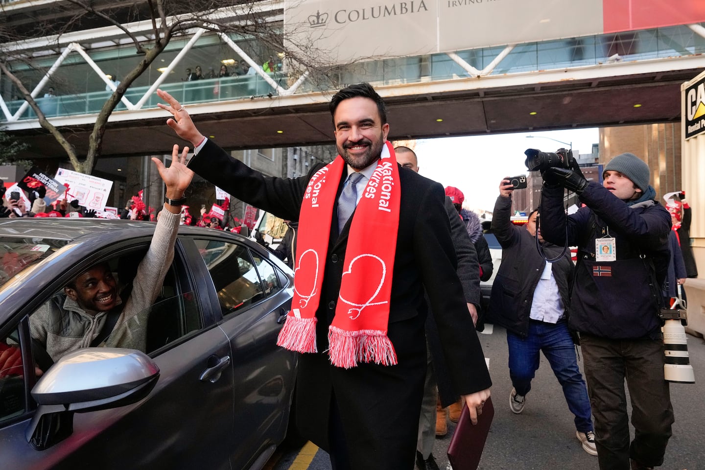 New York Mayor Zohran Mamdani arrives as nurses strike outside New York-Presbyterian Hospital.
