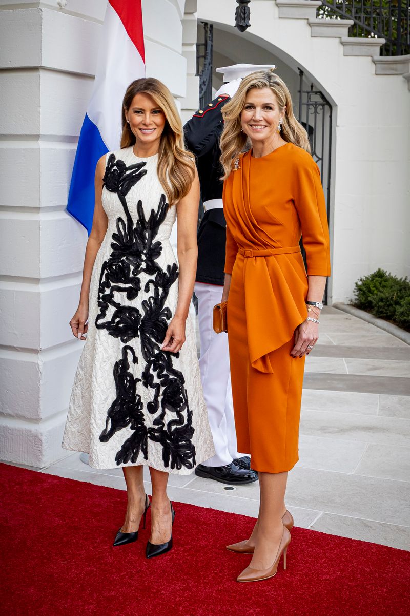 First Lady Melanie Trump and Queen Maxima of the Netherlands at the White House for a dinner with the Dutch royal couple during their visit to Washington.