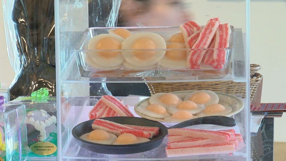 Bacon and eggs candy is displayed at Stever's Candies on Park Avenue in Rochester Friday, April 3, 2026. (Photo by Mark Schuman/WHAM)