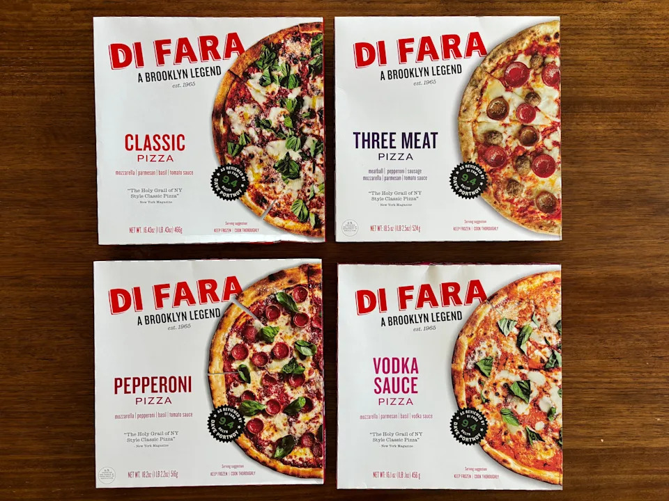Four frozen pizza boxes displayed: Classic, Three Meat, Pepperoni, and Vodka Sauce flavors from Di Fara, described as "A Brooklyn Legend."