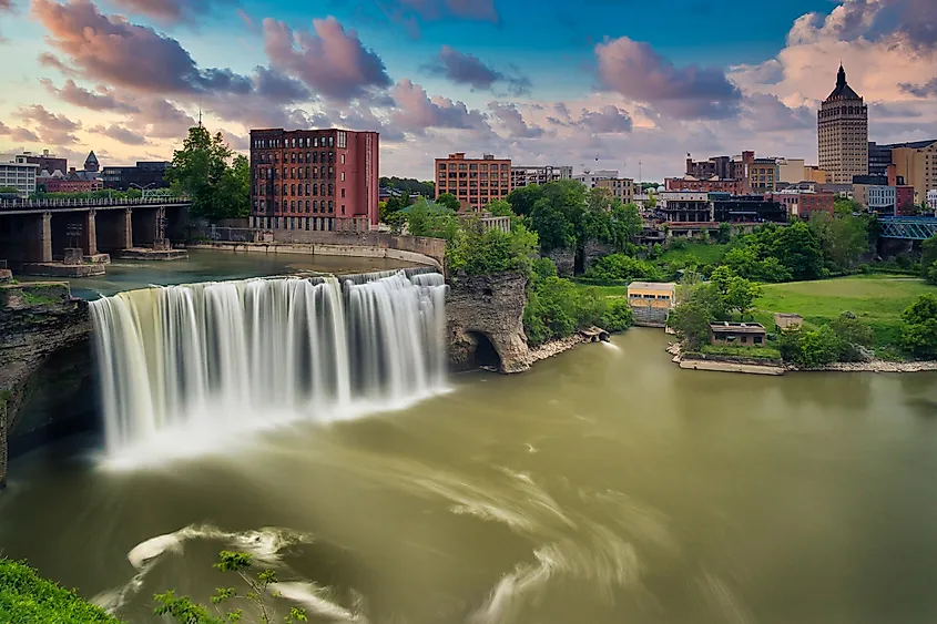 High Falls district in Rochester, New York under cloudy summer skies