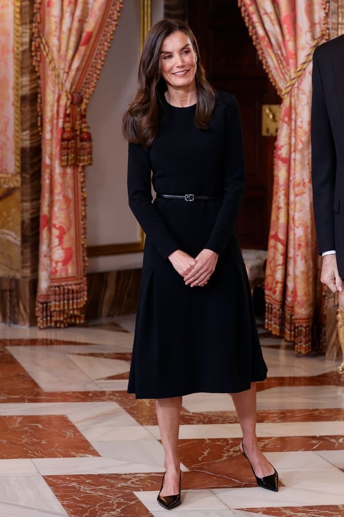 In 2025, the Queen attended the Cervantes Prize luncheon in a black Carolina Herrera midi dress, maintaining her mourning attire after paying respects to the late Pope Francis earlier that morning.