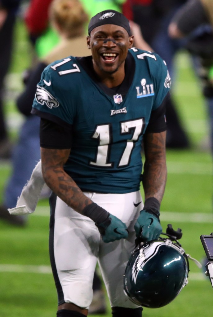 Alshon Jeffery #17 of the Philadelphia Eagles celebrates defeating the New England Patriots 41-33 in Super Bowl LII at U.S. Bank Stadium on February 4, 2018 in Minneapolis, Minnesota.  