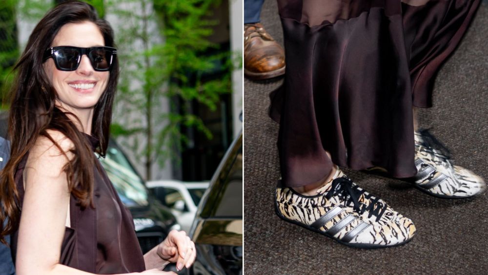 Anne Hathaway wearing a pair of Adidas Tokyo Sneakers in a zebra print while out in New York City on Friday.