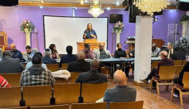 The people who gathered at the meeting in Brooklyn say they're often the first to respond after the gunfire, at hospitals and at crime scenes, helping families and communities cope. (Spectrum News NY1/Tyler Buesching)