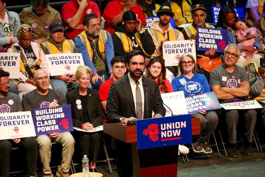 Zohran Mamdani, mayor of New York, speaks at the rally marking 100 days on Sunday in Queens.