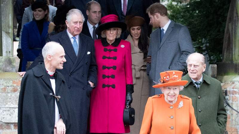 Princess Eugenie, King Charles III, Queen Camilla, Meghan Markle, Queen Elizabeth II, Prince Harry and Prince Philip attend Church on Christmas Day in 2017. By: MEGA