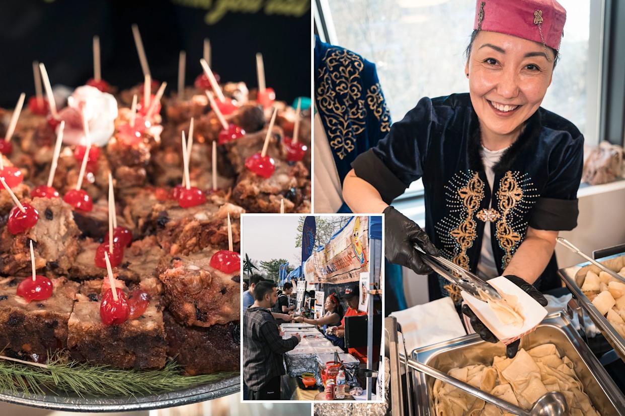 An image collage containing 3 images, Image 1 shows Bread pudding squares with maraschino cherries on a silver tray, Image 2 shows A smiling woman in traditional Kazakhstani clothing serving food from a buffet, Image 3 shows People lining up at food stalls at the Queens Night Market