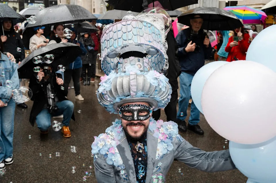 NEW YORK, NEW YORK – APRIL 05: Participants pose during the New York City Easter Bonnet Parade in front of St. Patrick’s Cathedral on April 05, 2026 in New York City. (Photo by Craig T Fruchtman/Getty Images)