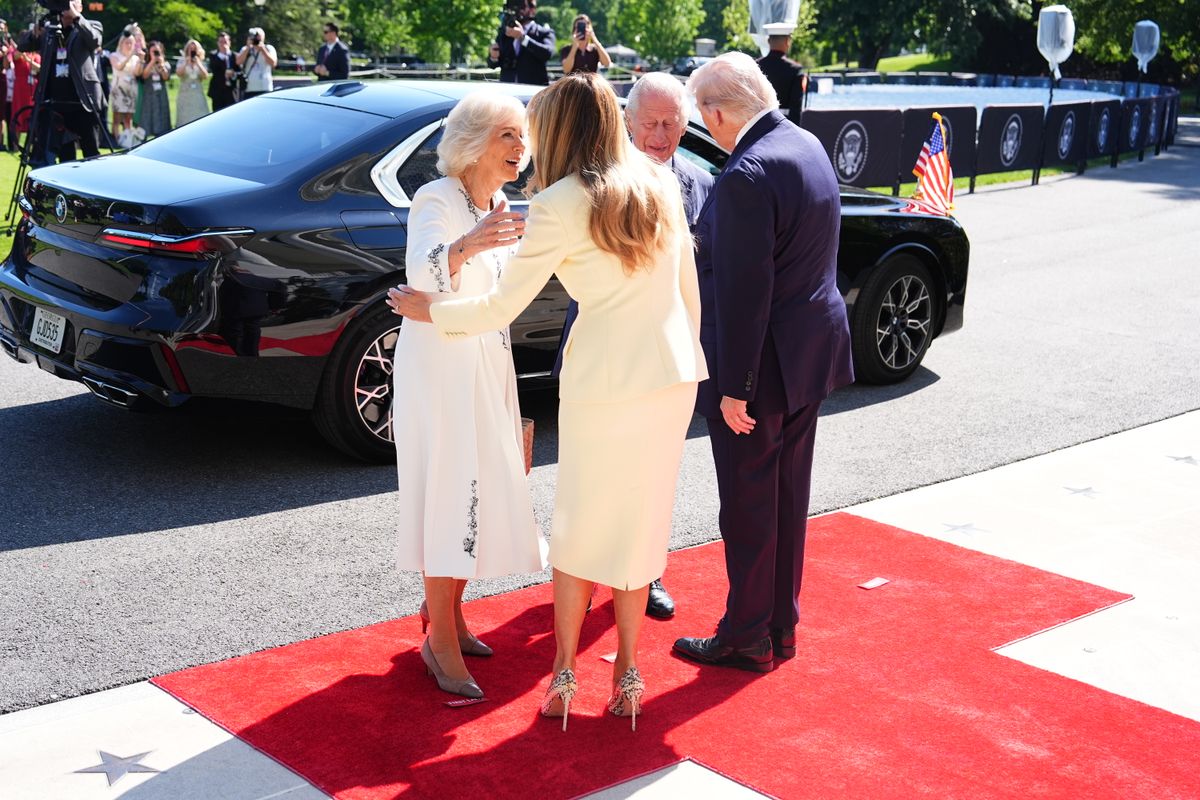 King Charles III and Queen Camilla are greeted by U.S. President Donald Trump and first lady Melania Trump at the White House on day one of their State Visit to the United States of America on April 27, 2026 in Washington, D.C.