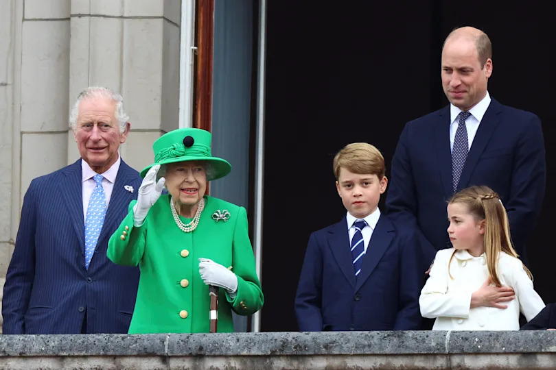 King Charles, Queen Elizabeth, Prince William, Prince George and Princess Charlotte on the balcony during the Queen's Platinum Jubilee.