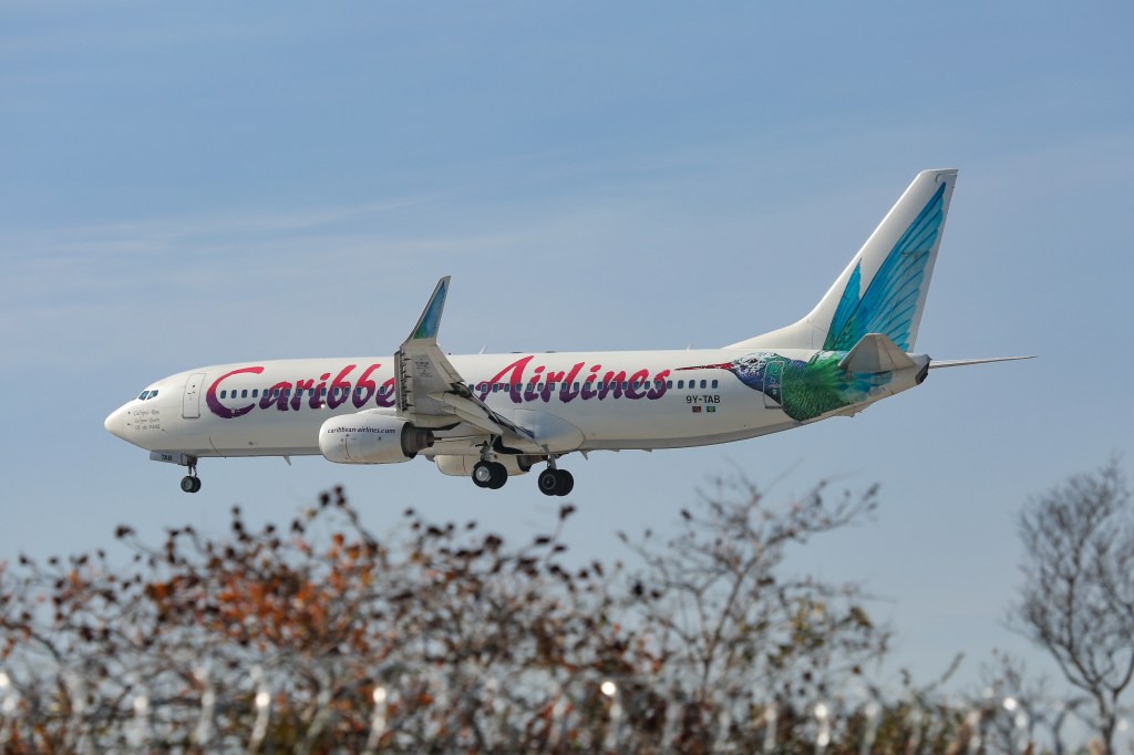 A Caribbean Airlines Boeing 737 lands at John F. Kennedy International Airport on Feb. 13, 2020.