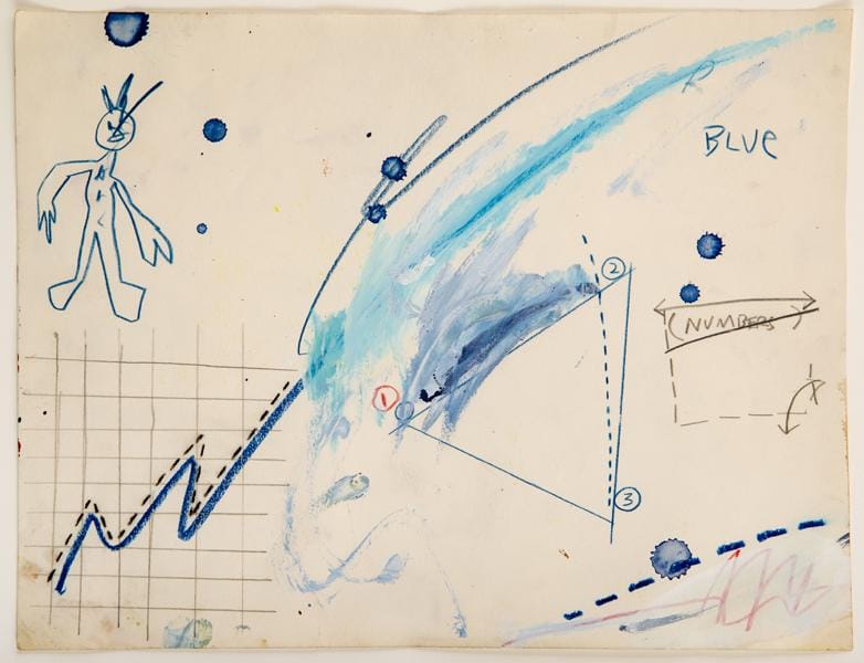 An image of a drawing on yellowed paper featuring a graph, a person, and other abstract, scattered components all rendered in different shades of blue