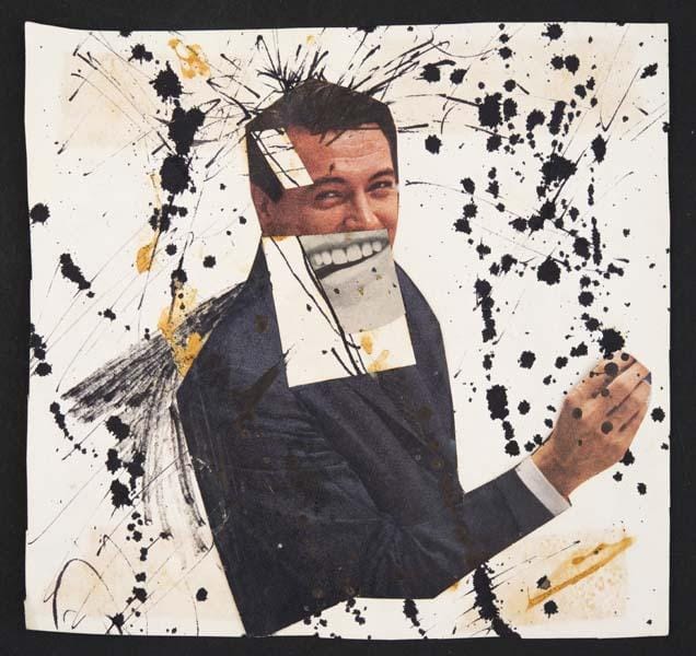 An image of a mixed media artwork by Basquiat placing a photograph of a business man atop a white page splattered with black paint, teeth cut out from another picture covering his mouth