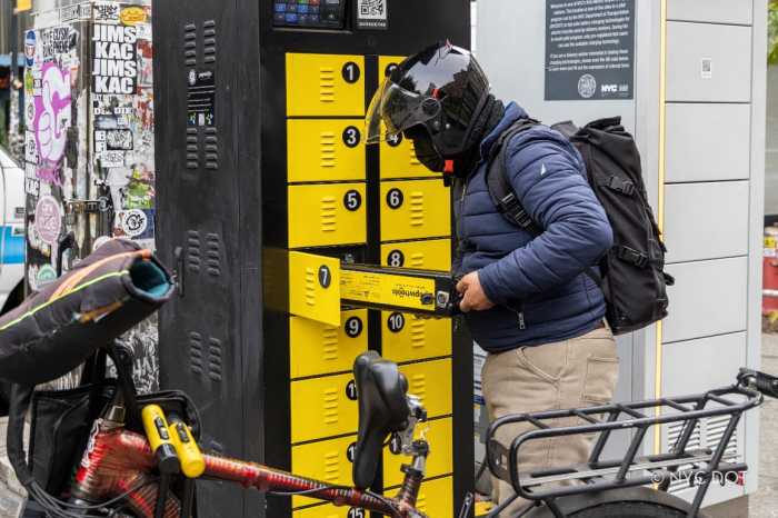 battery-swapping cabinet on a nyc sidewalk
