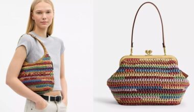model holding coach woven multicolored bag; coach kisslock woven bag over white background; shop best straw bags at coach