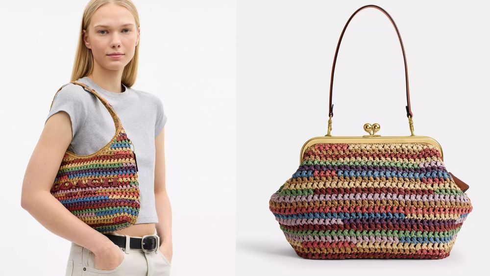 model holding coach woven multicolored bag; coach kisslock woven bag over white background; shop best straw bags at coach