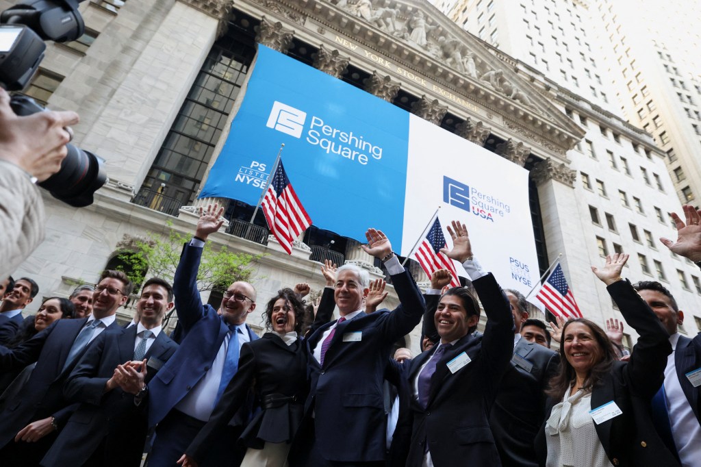 Bill Ackman, founder and CEO of Pershing Square Inc., and his wife Neri Oxman, attend their company’s IPO at the New York Stock Exchange.