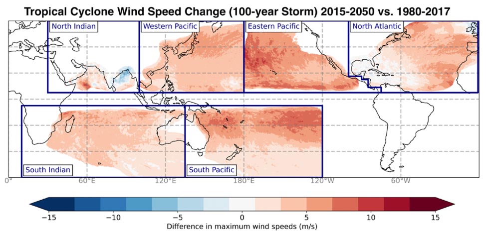 A global map shows the tropical cyclone wind speed change (100-year storm) in 2015-2050 vs. 1980-2017