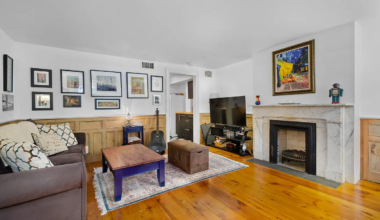 boerum hill living room with wainscoting, marble mantel
