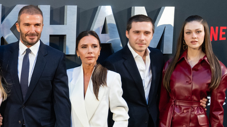 David Beckham, Victoria Beckham, Brooklyn Beckham and Nicola Peltz attend the Netflix 'Beckham' UK Premiere at The Curzon Mayfair on October 03, 2023 in London, England.
