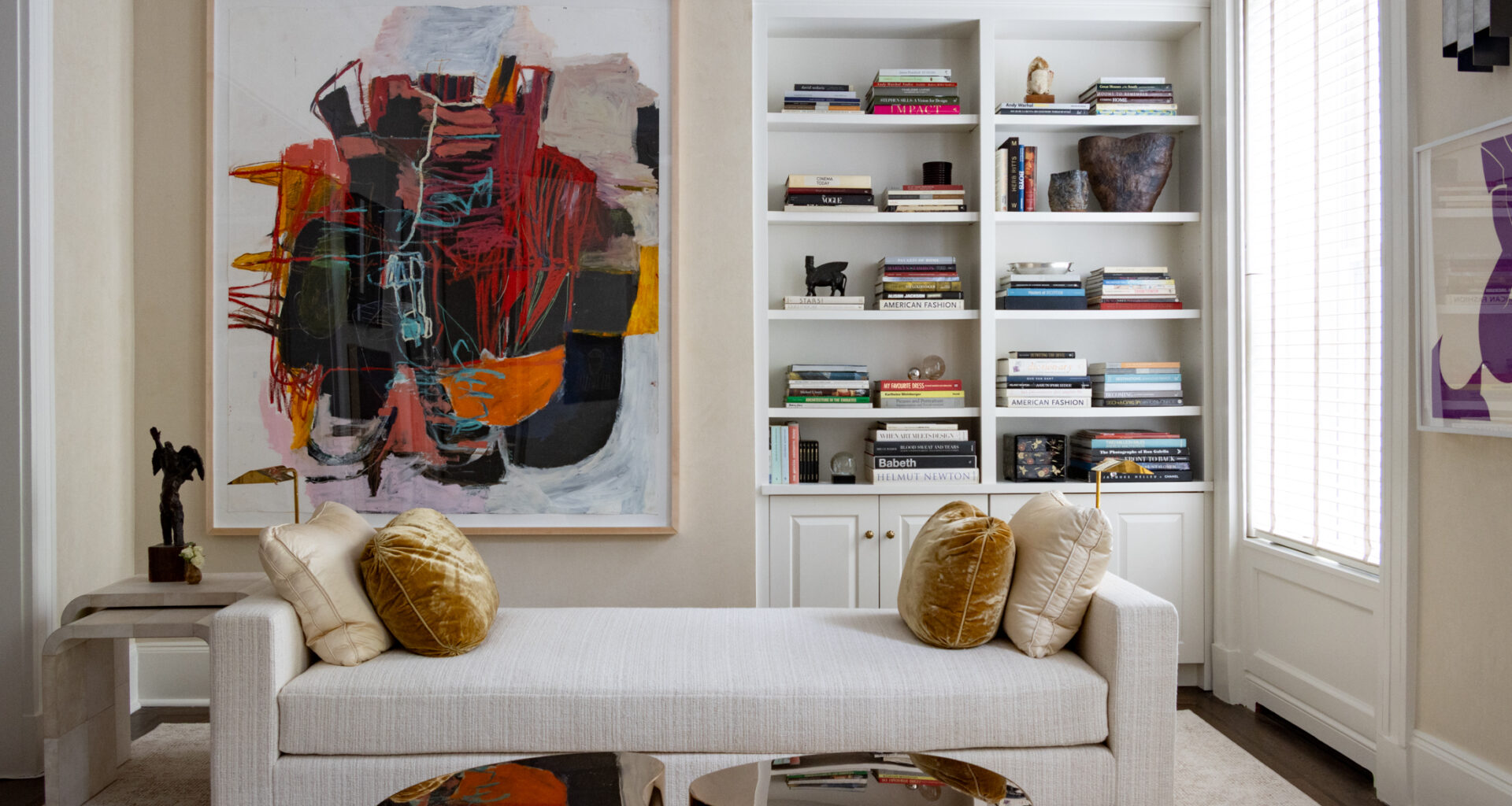 brooklyn heights showhouse - parlor with cream day bed and copper tables